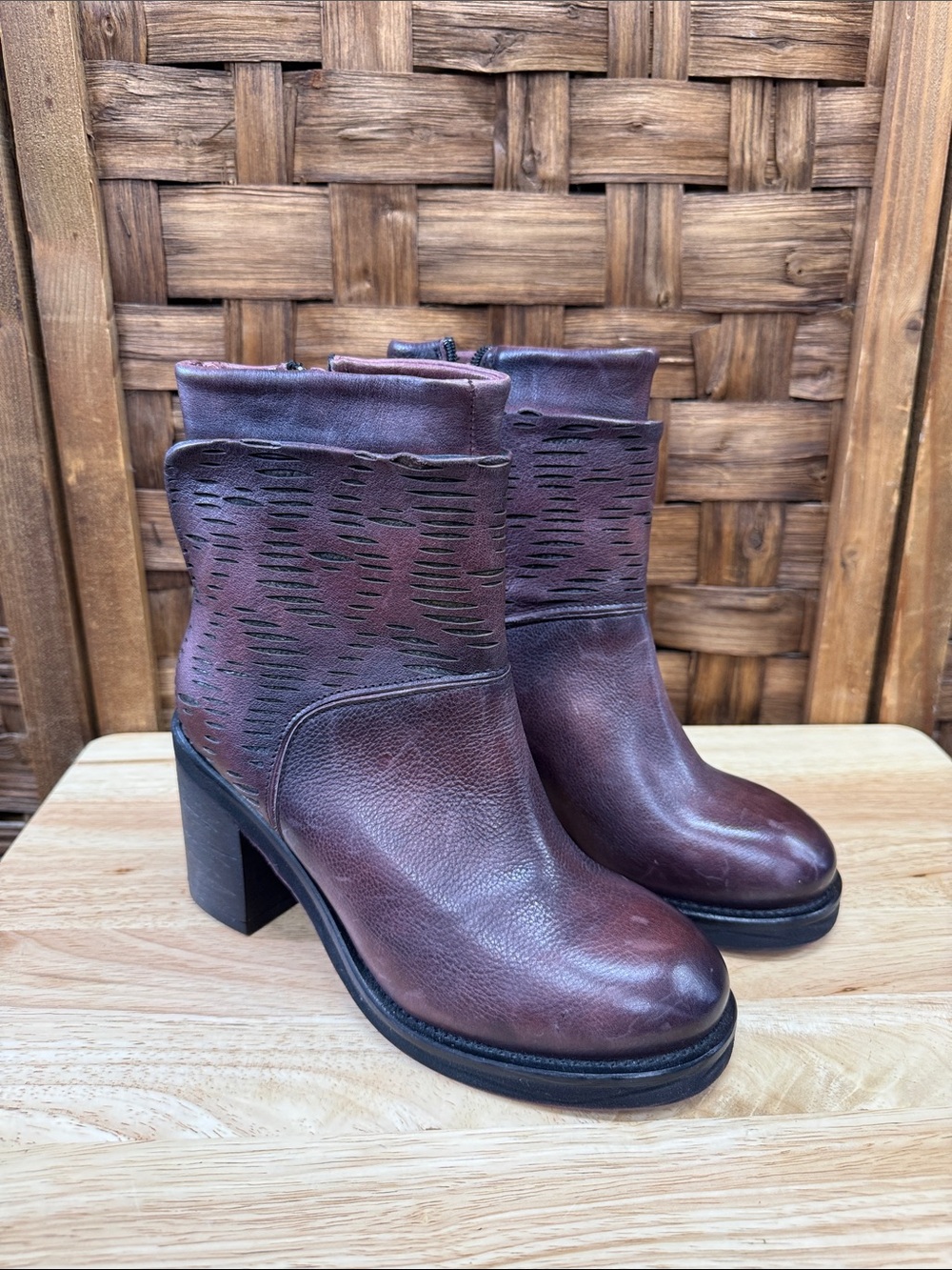 Women's Burgundy Leather Block-Heel Ankle Boots